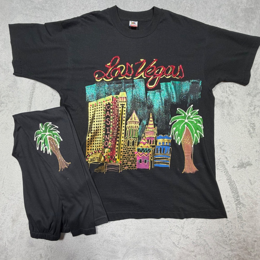 Vintage 90s Black Cotton Las Vegas Glitter Puff Print T-Shirt Leggings Set XL
